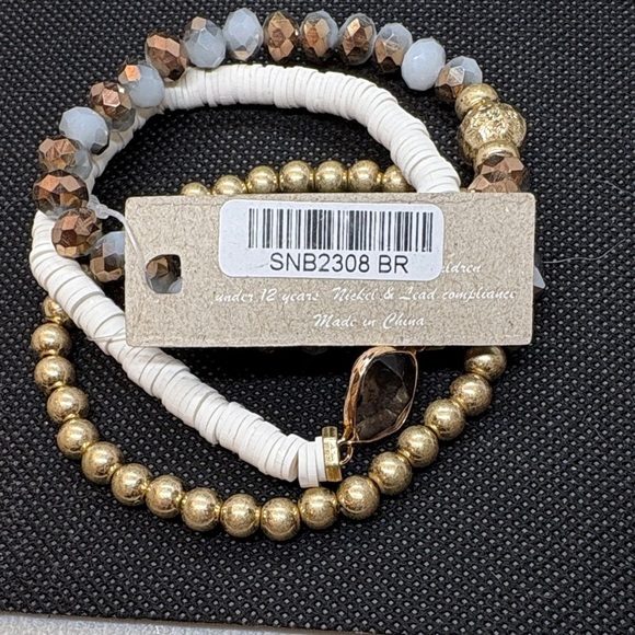 Triple Strand Elegant Gold, Blue and White Beaded Bracelet Set - Picture 4 of 4